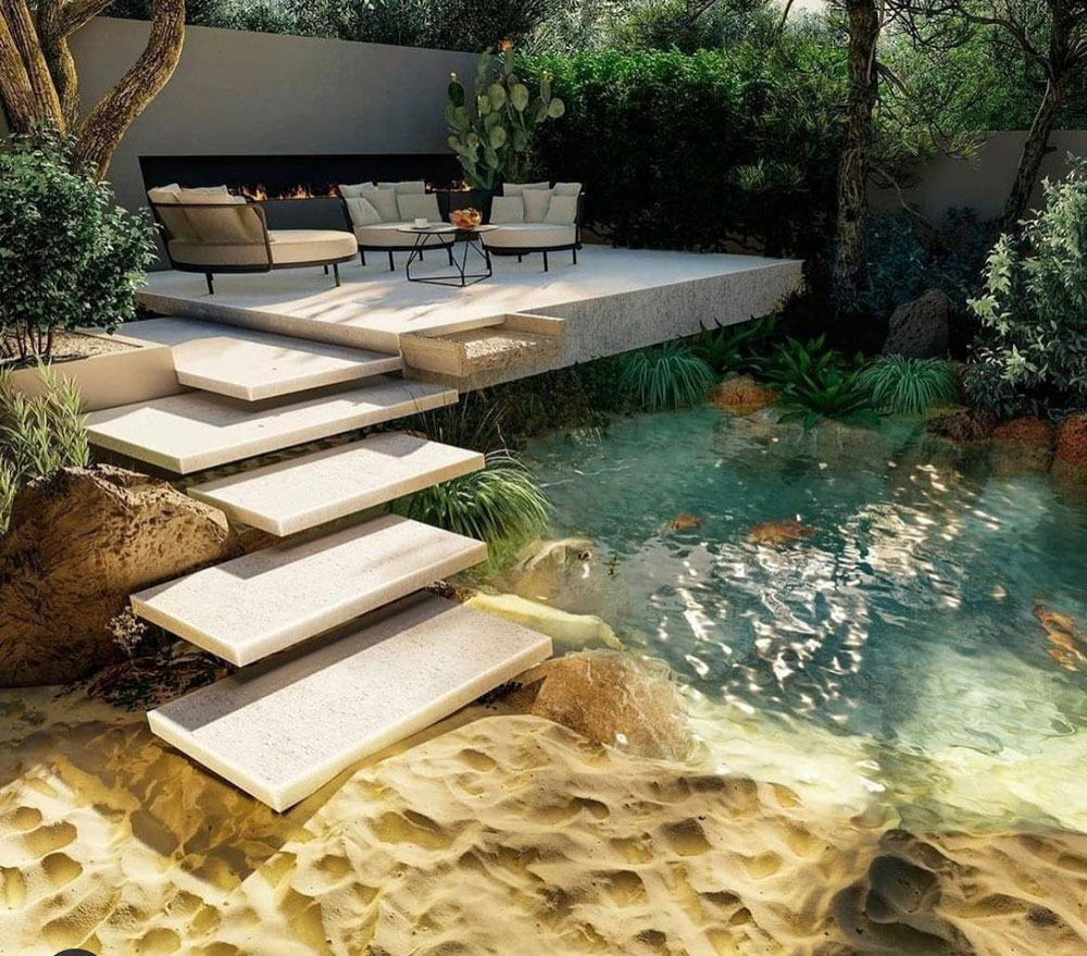microcemento en terraza, exteriores piscina con playa