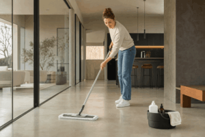 INICIO 11-2022 18 El microcemento aporta elegancia y modernidad. Usa limpiezas regulares y productos suaves para mantener su brillo y consulta a expertos si es necesario.